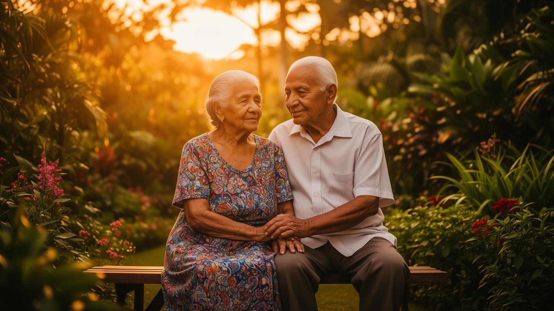 Abuelos venezolanos en un jardín al atardecer, protegidos